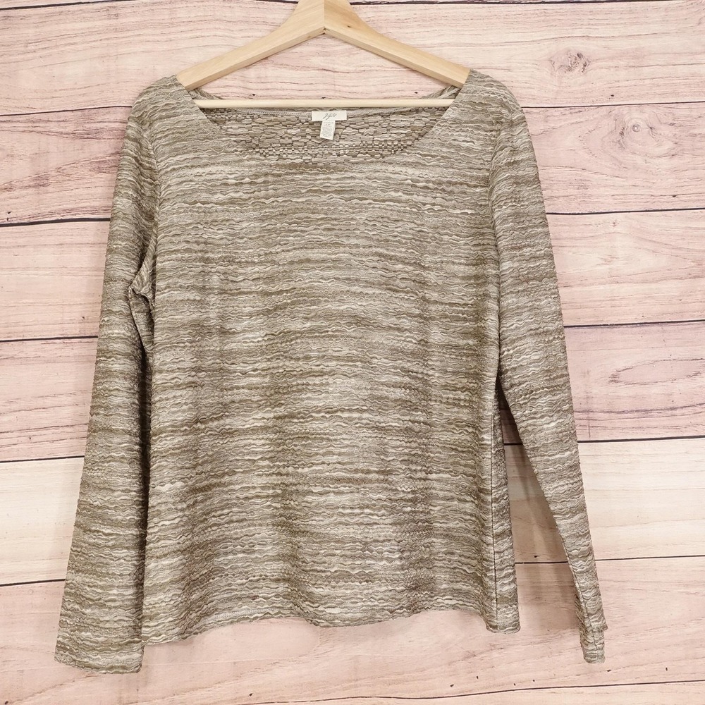 J. Jill‎ T-Shirt Womens LP Beige Stripe Scoop Neck Long Sleeve Stretch Knit Top